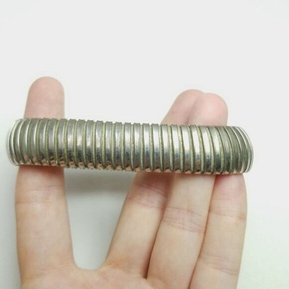 Vintage Silver Tone Ribbed Stretch Bangle Bracelet, Unisex Minimal Stacking - Picture 2 of 6